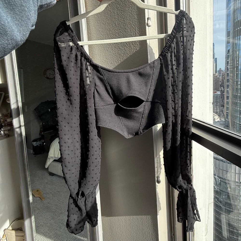 Urban Outfitters Black Crop Top with Cut-Out and Sheer Sleeves